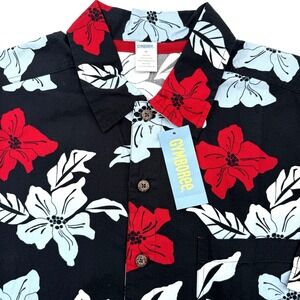 Gymboree‎ Shirt Mens M Black Red Hibiscus Floral Tropical Hawaiian Button Down